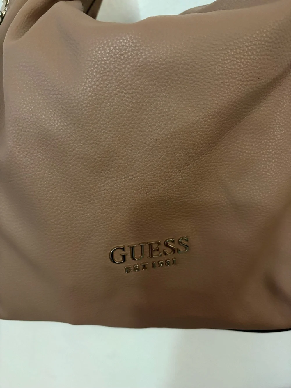 Guess Tan Pebbled Shoulder Hobo Bag with Silver Hardware